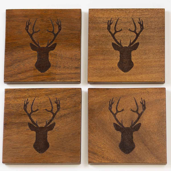 DEER ETCHED WOOD COASTERS, SET OF 4