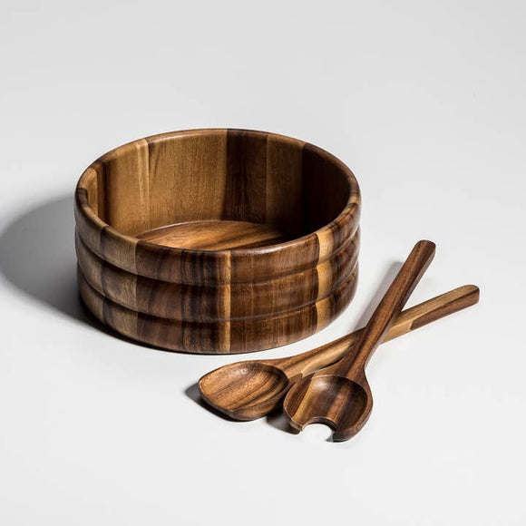 ELEGANT ACACIA WOOD SALAD BOWL w/ SERVERS