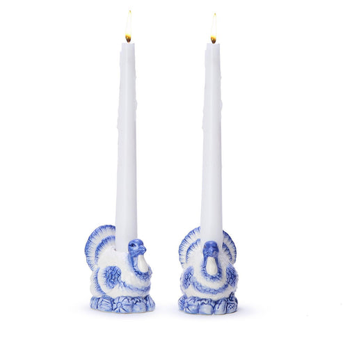 BLUE & WHITE TURKEY CANDLEHOLDERS, SET OF 2