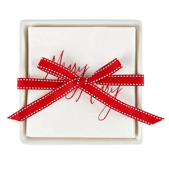 MERRY MERRY COCKTAIL NAPKINS with CERAMIC TRAY