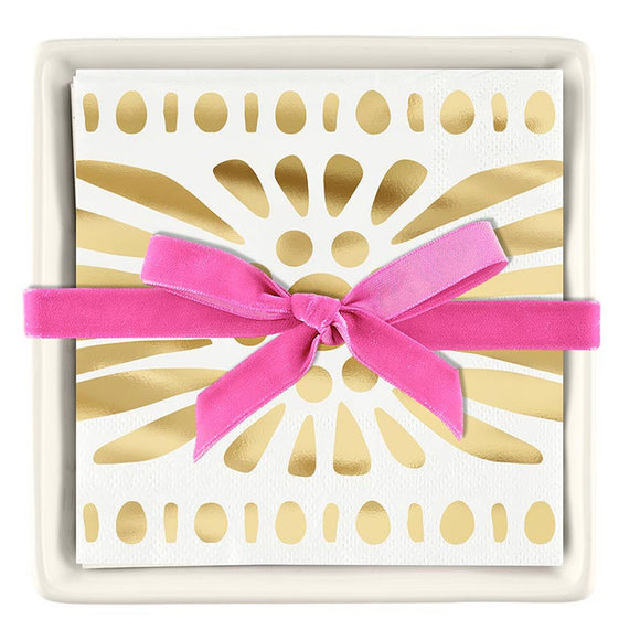 CERAMIC NAPKIN TRAY w/ GOLD MOROCCAN NAPKINS