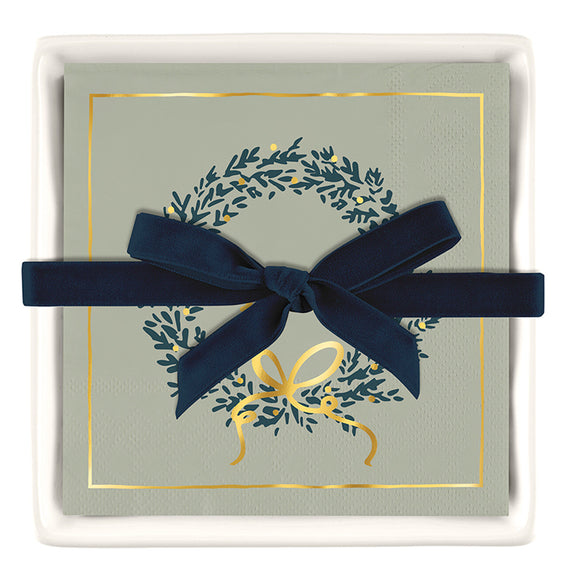 JOY WREATH COCKTAIL NAPKINS with CERAMIC TRAY