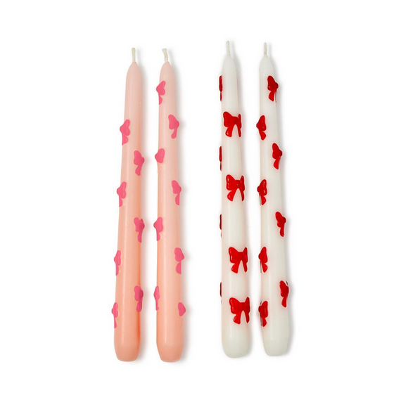 RED BOW TAPER CANDLES, SET OF 2