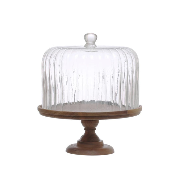 ACACIA WOOD PEDESTAL w/ FLUTED GLASS CLOCHE
