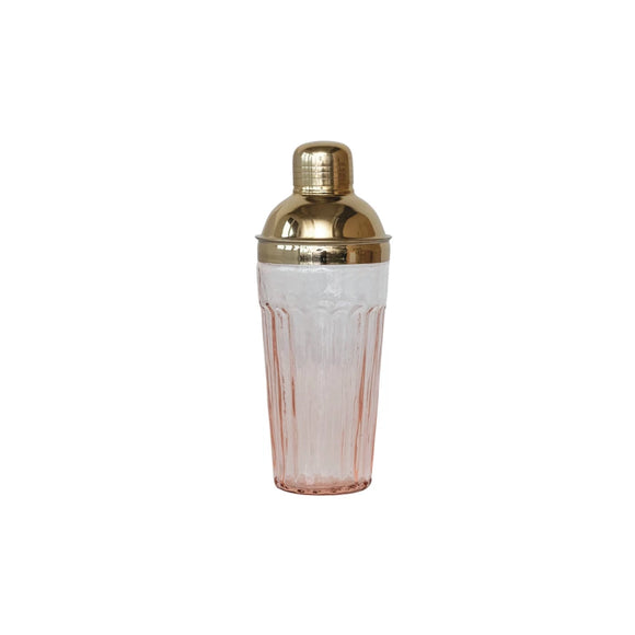 VINTAGE GLASS COCKTAIL SHAKER, PINK/GOLD