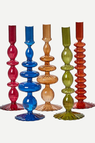 JEWEL TONE HAND-BLOWN GLASS TAPERED CANDLESTICK HOLDER