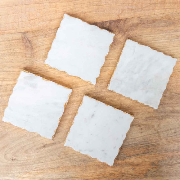 FERRARA SQUARE MARBLE COASTERS, WHITE/GOLD