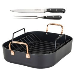 NON-STICK ROASTER WITH RACK & CARVING SET, COPPER HANDLES