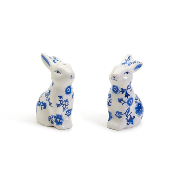 BLUE & WHITE PORCELAIN BUNNY SALT & PEPPER SHAKER SET